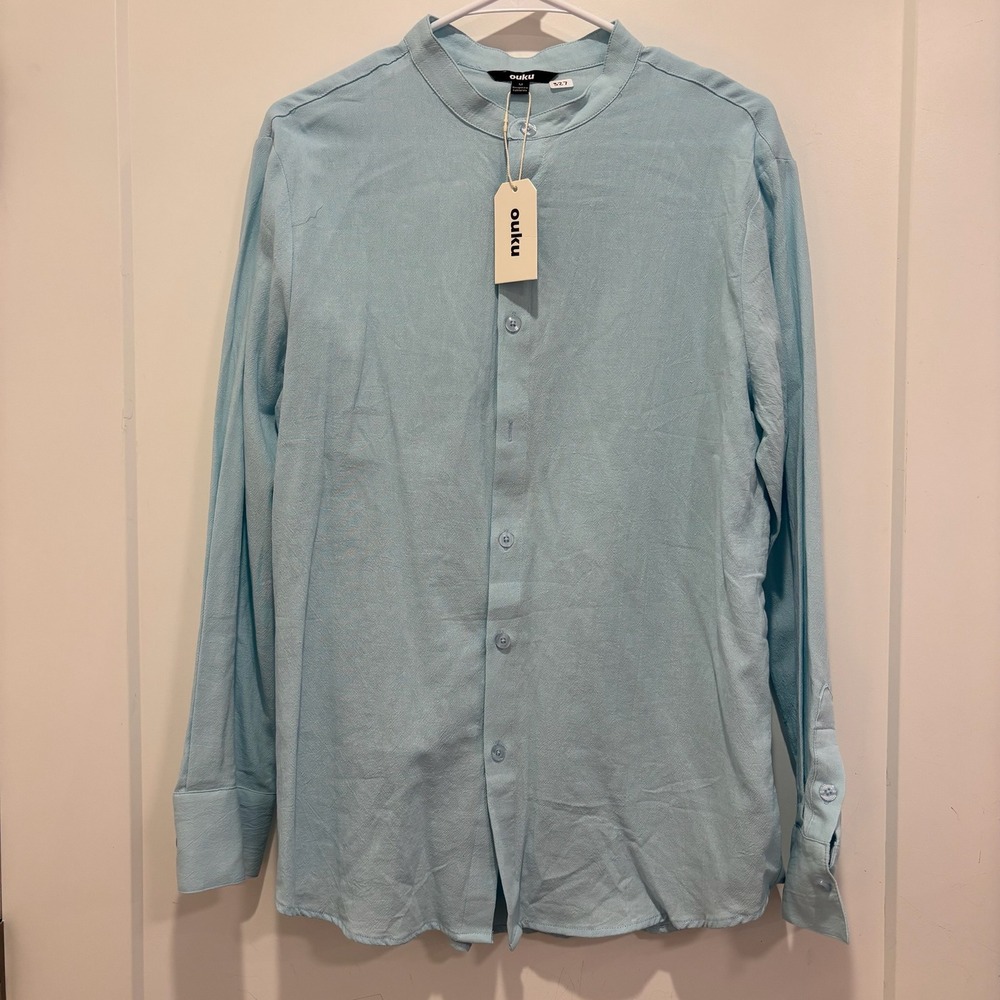 Ouku Mens 100% Linen Light Blue Long Sleeve Button Down Shirt Size M NWT